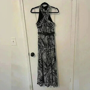 London Times Tropical Black and White Halter Maxi Dress 4